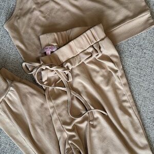Pink Lily Ribbed Knit Lounge Set in Tan